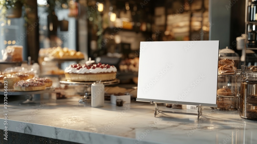 A white sign sits on a counter in front of a bakery A white sign sits on a counter in front of a bakery