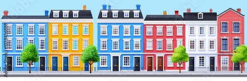 Street with houses and buildings in Georgian style. British town real property exterior with old residential buildings in Marylebone or Mayfair in London, modern cartoon illustration. photo