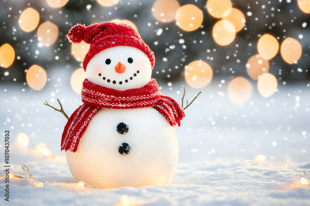 Fototapeta premium Cheerful Snowman Surrounded by Snowflakes and Bokeh Lights
