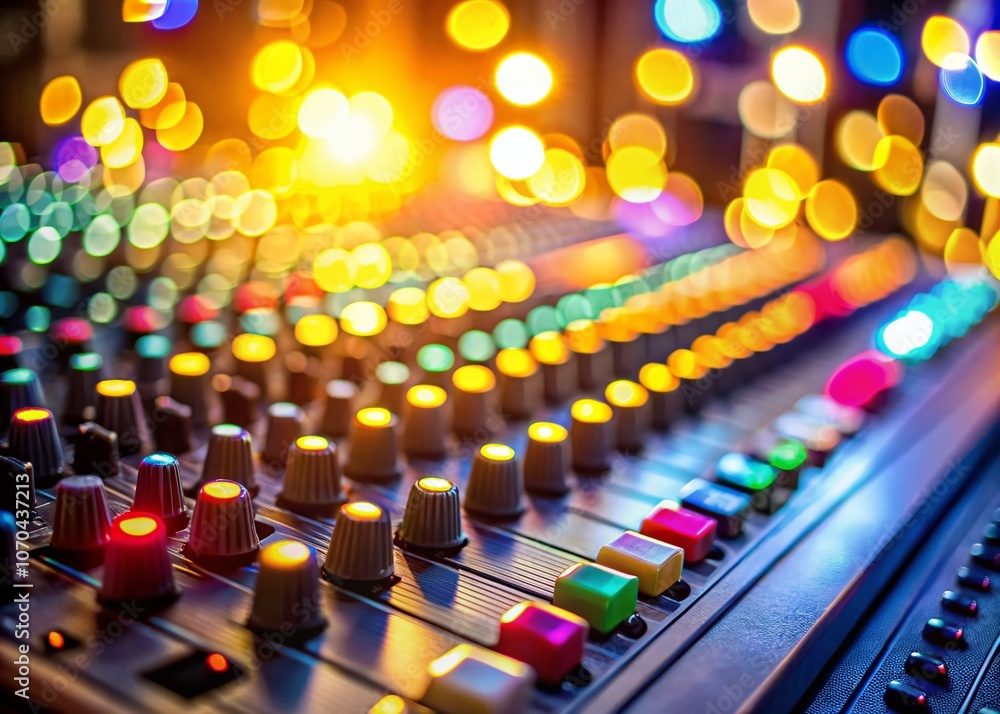 Fototapeta premium Vibrant audio production with a mesmerizing console bokeh.