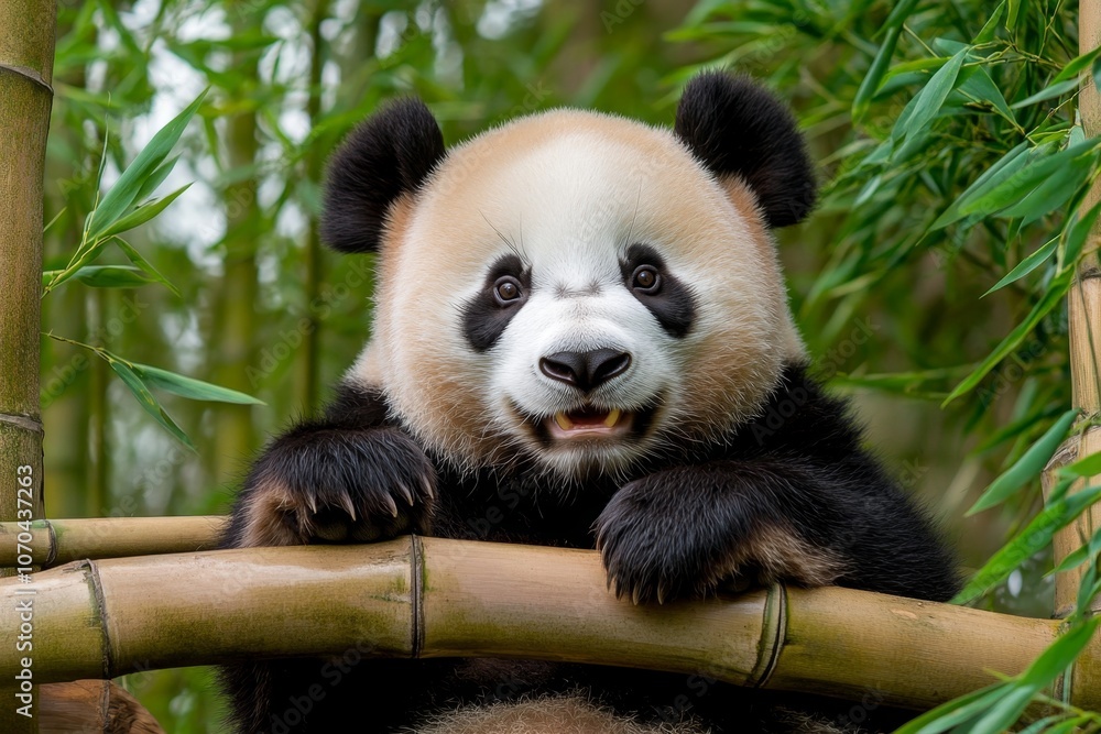 Portrait of a panda in a bamboo forest, with its distinctive black and white fur and gentle expression Portrait of a panda in a bamboo forest, with its distinctive black and white fur and gentle expression