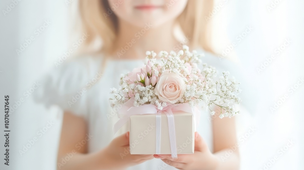 A young girl is holding a white box with a pink ribbon and flowers inside A young girl is holding a white box with a pink ribbon and flowers inside