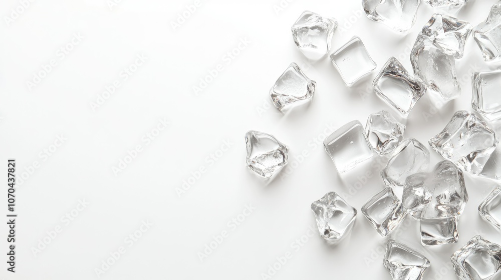 Crystal-clear ice cubes placed on a white background, bright and refreshing. Copy space Crystal-clear ice cubes placed on a white background, bright and refreshing. Copy space