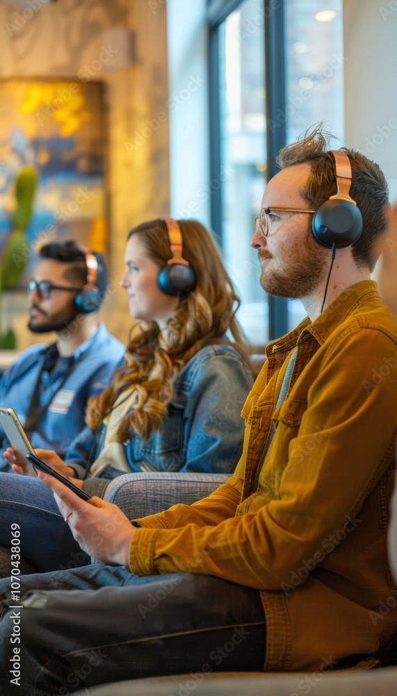 Modern Break Room Relaxation: Colleagues Watching Videos on Devices Together Modern Break Room Relaxation: Colleagues Watching Videos on Devices Together