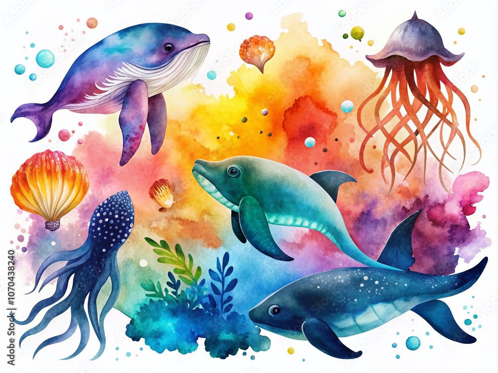 Naklejka premium Watercolor Underwater Animals Silhouette - Octopus, Jellyfish, Manatee, Whale