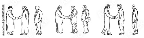 This is a hand drawn line art modern image of a mixing of several different racial groups working on a pitch for their business. Middle eastern business mindset.