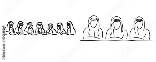 This line art modern depicts an Arab man sitting in an office. Middle eastern business concept. Emiratis running a business.
