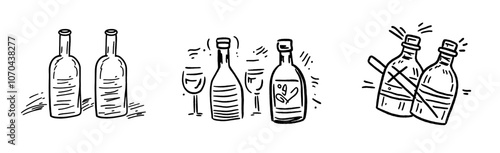 Illustration of a bottle of wine with different colored liquid and cap.