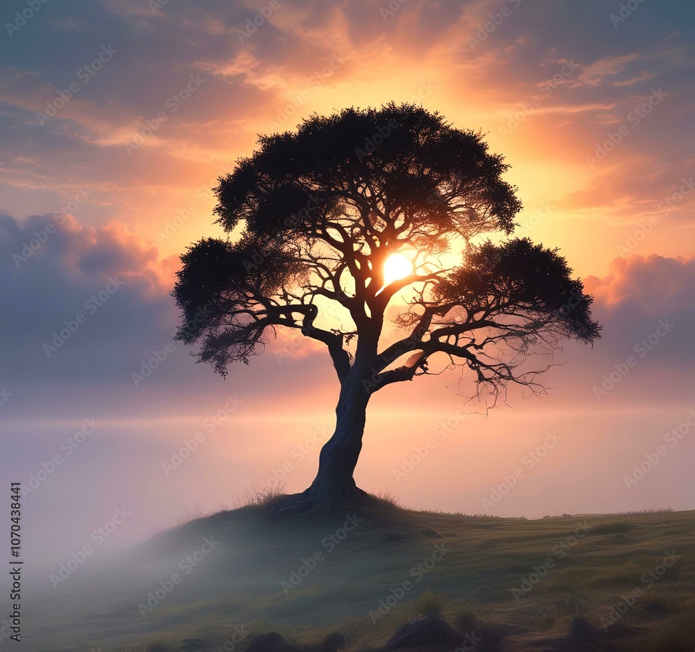 Illustration of lonely tree with sunrise behind and fogy landscape. Illustration of lonely tree with sunrise behind and fogy landscape.