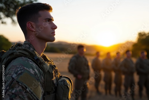 A soldier stands stoically with comrades in the background, gazing into the sunset, capturing a moment of reflection, honor, and the end of a day's duty. photo