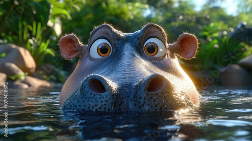 Close up of an adult hippopotamus s head showcasing expressive eyes and ears swimming in water at a zoo enclosure highlighting themes of conservation and education photo