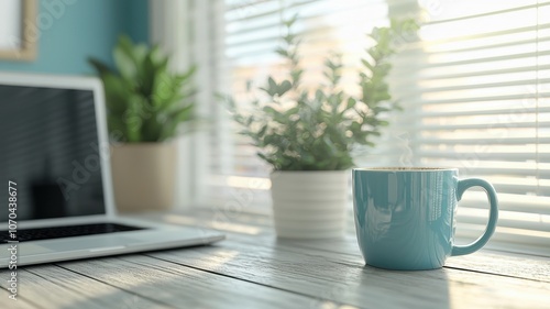 A serene workspace featuring a laptop, a green potted plant, and a blue coffee mug, illuminated by natural light filtering through window blinds.