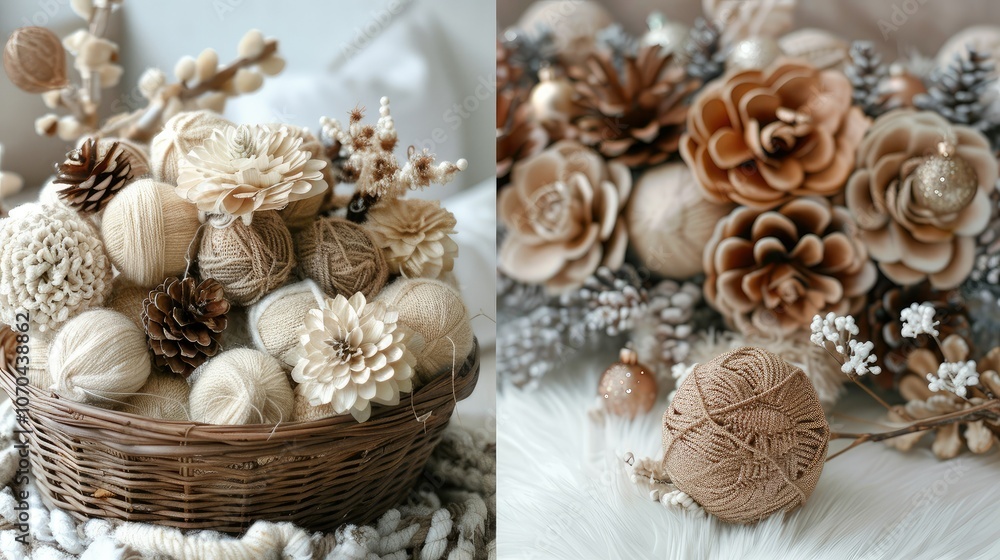Christmas decorations made of yarn balls in a wicker basket Christmas decorations made of yarn balls in a wicker basket