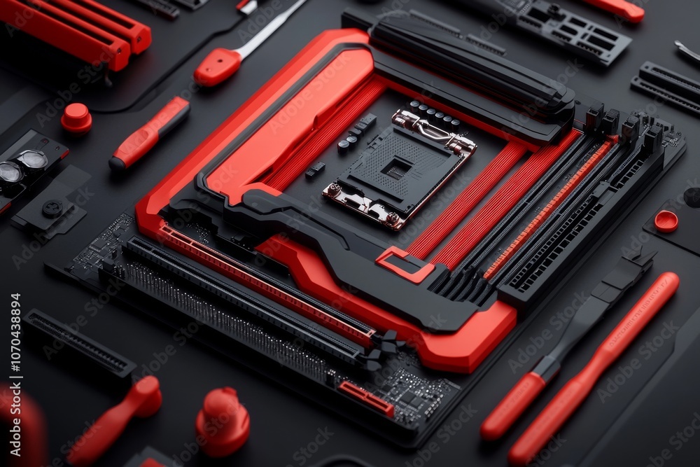 Realistic image of a computer repair station with various tools, showing intricate hardware details Realistic image of a computer repair station with various tools, showing intricate hardware details