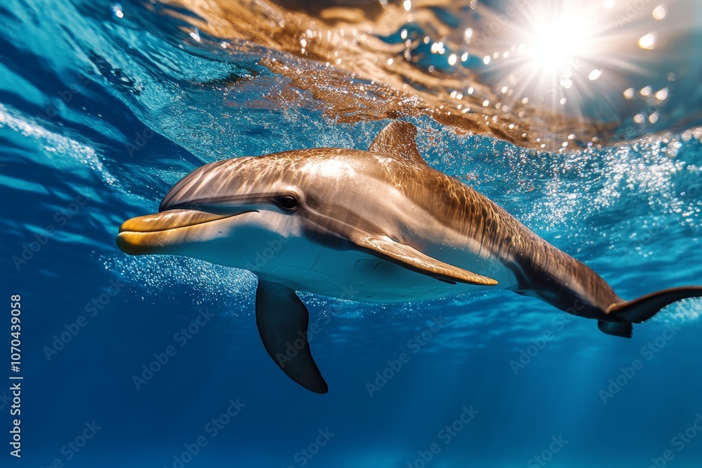 Obraz premium Realistic image of a playful dolphin jumping out of the ocean, with water droplets and sunlight reflections