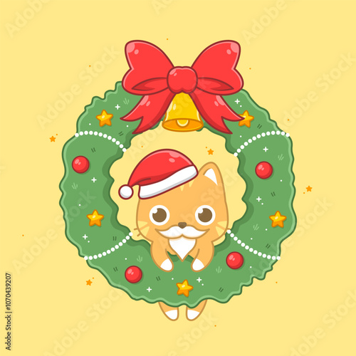 cute christmas orange cat with wreath