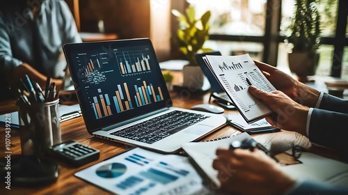 A business team analyzing financial data on laptop, Business team analyzing financial