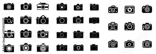 An illustration of modern cameras with a slr and a pocket camera positioned on top of a white background.