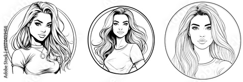 Artwork depicting a beautiful woman, in a circle, black and white, with strong contrasts