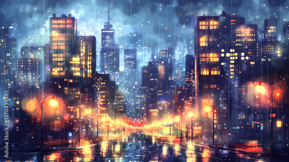 A cityscape at night with rain falling, illuminated by street lights and glowing windows. A cityscape at night with rain falling, illuminated by street lights and glowing windows.