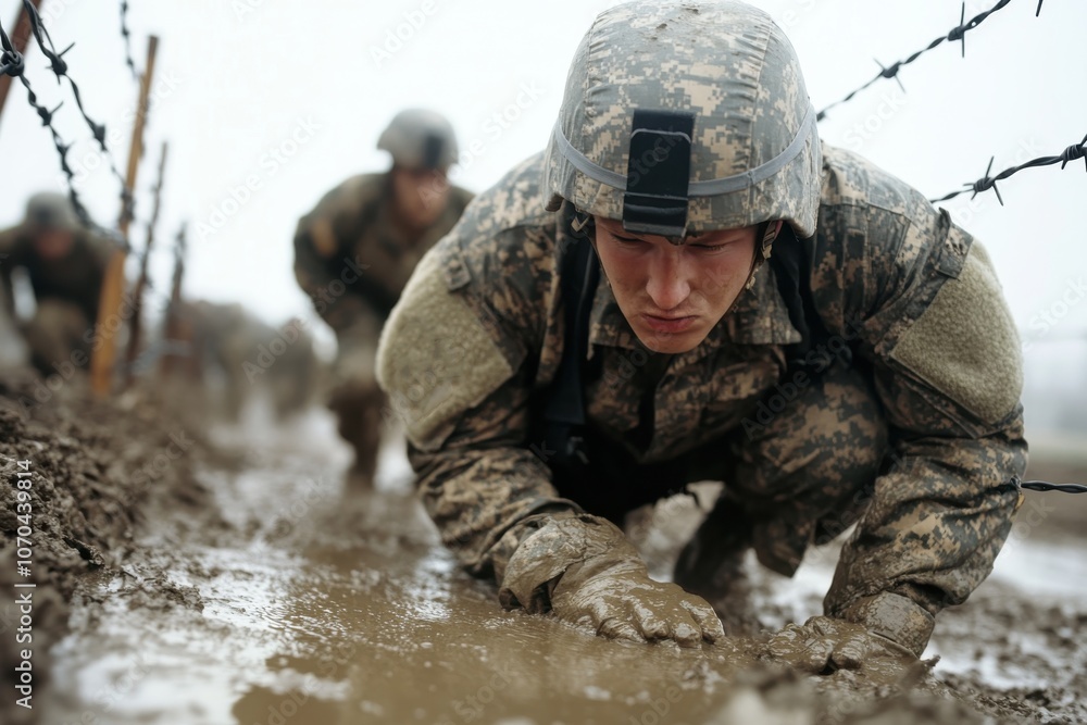 A focused soldier in camouflage and helmet crawls through muddy terrain under barbed wire during a training exercise, illustrating perseverance and discipline. A focused soldier in camouflage and helmet crawls through muddy terrain under barbed wire during a training exercise, illustrating perseverance and discipline.