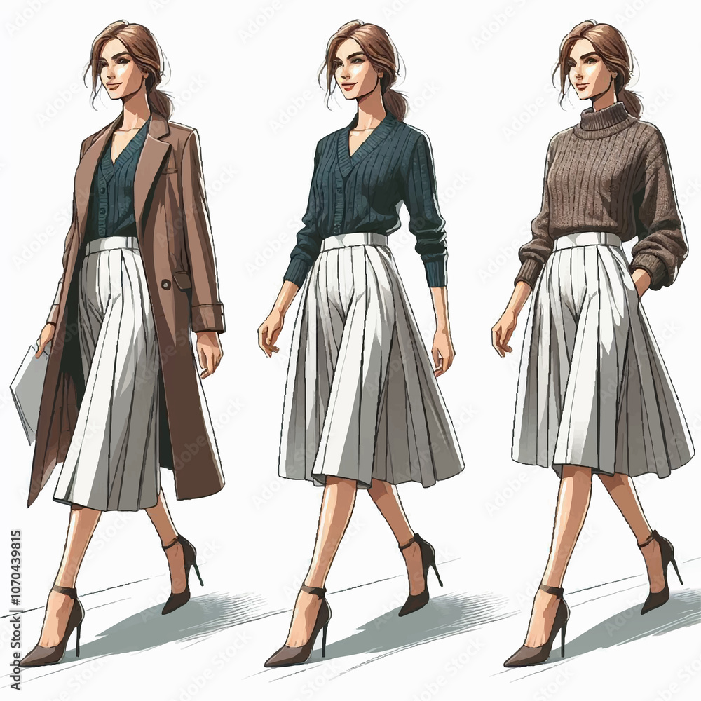 Stylish Trendy Business Fashion Woman Model Smiling and Walking on White Background Drawing Avatar Stylish Trendy Business Fashion Woman Model Smiling and Walking on White Background Drawing Avatar