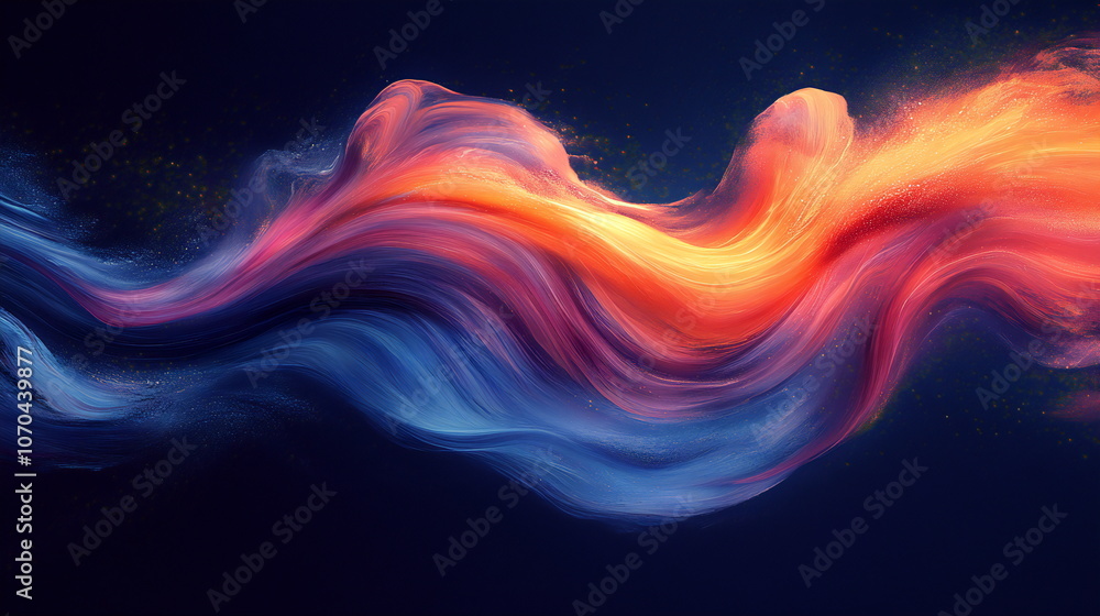 Abstract wave of blue, orange, and yellow with glowing particles on a dark blue background. Abstract wave of blue, orange, and yellow with glowing particles on a dark blue background.
