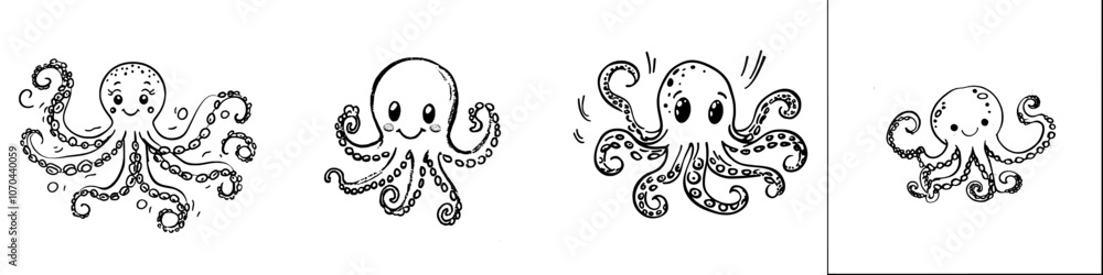 The octopus is a cute cartoon character isolated on white background. It's perfect for coloring pages or book illustrations. The octopus is a cute cartoon character isolated on white background. It's perfect for coloring pages or book illustrations.