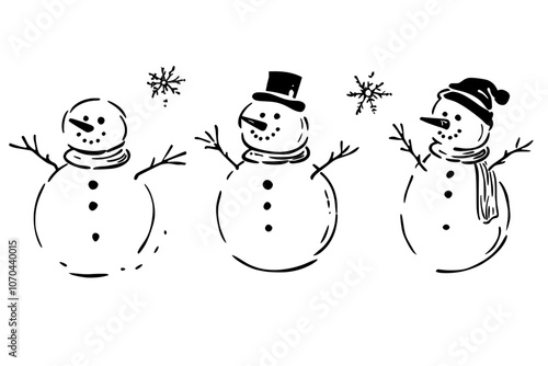 Illustration of a snowman for christmas and the new year. One line art concept for a greeting card for the new year.