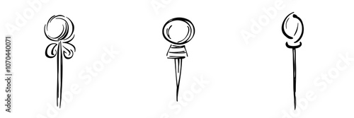 An illustrated set of doodles with a stationery pin. Navigation button and paper fixing needles are included.
