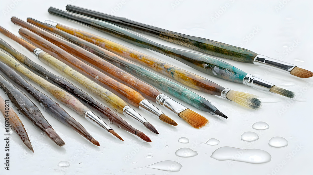 Fototapeta premium A collection of paintbrushes with various sizes and shapes, arranged in a line on a white surface with water droplets.