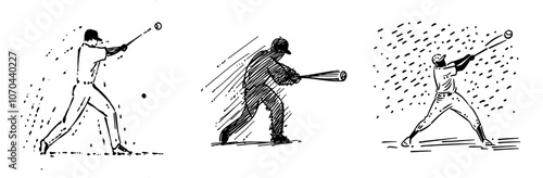 Silhouettes of baseball players in modern silhouettes. Baseballer, isolated ink drawings. Modern illustration of a male baseball player hitting a ball.