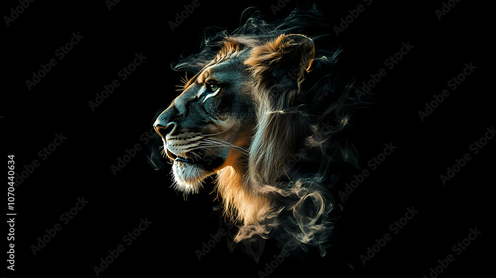 Naklejka premium Majestic lion portrait closeup on dramatic black background powerful wildlife photography digital art. Majestic. Illustration