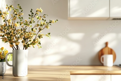 Wallpaper Mural Bright kitchen scene featuring a vase of flowers on a wooden countertop, perfect for home decor and interior design. Torontodigital.ca