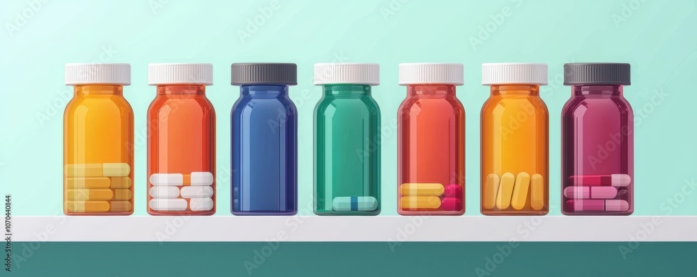 A row of colorful medicine bottles filled with various pills, medication theme. A row of colorful medicine bottles filled with various pills, medication theme.