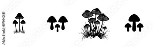 An autumn silhouette forest logo chanterelle icon black nature food mushroom stem porcini champignon boletus outline morel shape shiitake fungi for modern design