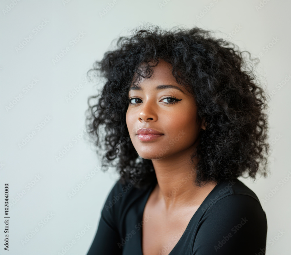 Portrait of a natural black African American woman model with voluminous, afro hair and a subtle makeup look, isolated against a neutral background Portrait of a natural black African American woman model with voluminous, afro hair and a subtle makeup look, isolated against a neutral background