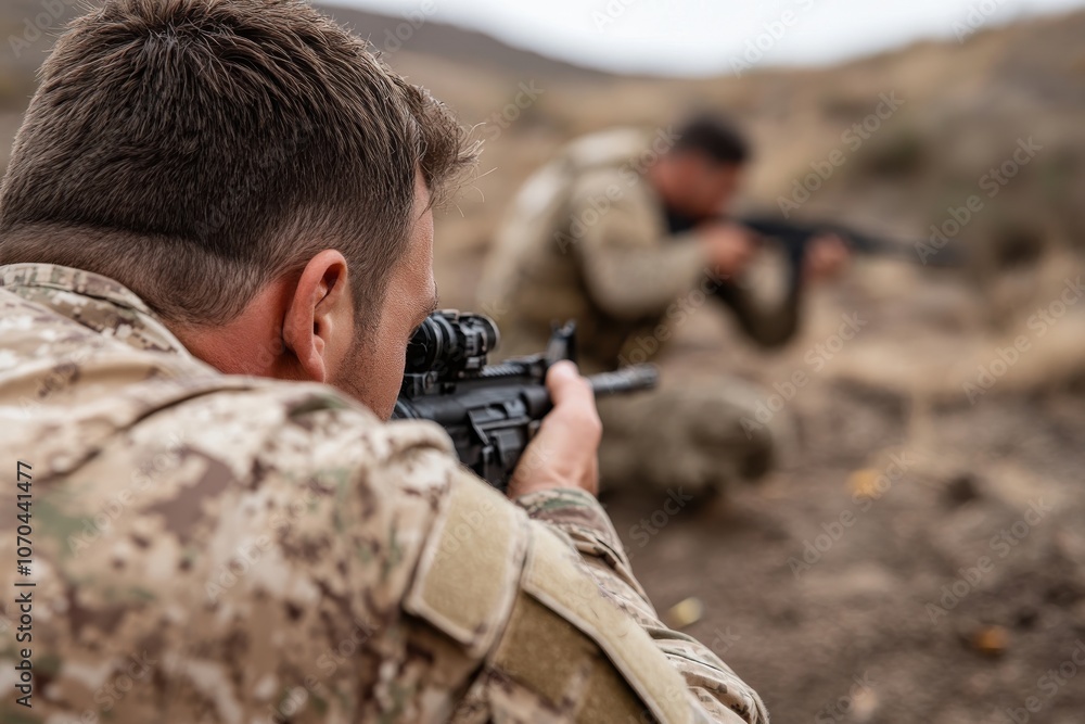 A soldier is intently focusing as he aims his rifle during a training exercise, emphasizing precision, preparedness, and concentration in a desert landscape. A soldier is intently focusing as he aims his rifle during a training exercise, emphasizing precision, preparedness, and concentration in a desert landscape.