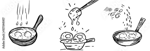 Swiss cheese fondue sketch. Food illustration in hand-drawn style. Icon of melted cheese. Raclette drawing for modern kitchens. NOT stock image.