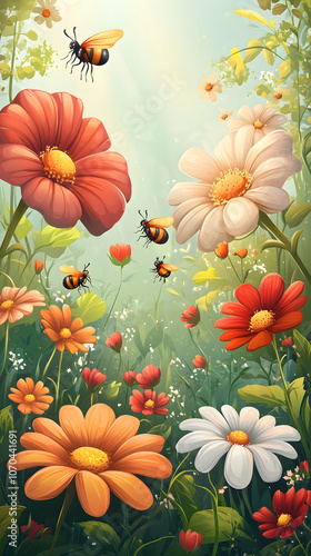 A vibrant field of colorful flowers with bees flying among them, bathed in warm sunlight.