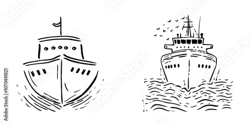 This drawing depicts a cargo ship gliding through gentle waves as it represents trade and transportation on water