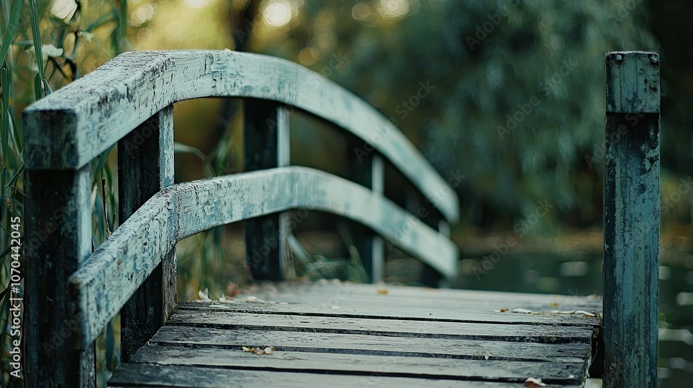 An old wooden bridge over a pond with fallen leaves. An old wooden bridge over a pond with fallen leaves.