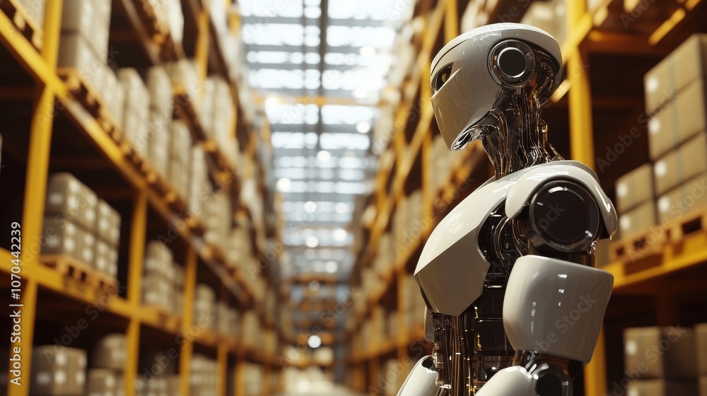 A humanoid robot stands in a warehouse, surrounded by shelves full of parcels, showing the evolution of automation in a busy warehouse environment. A humanoid robot stands in a warehouse, surrounded by shelves full of parcels, showing the evolution of automation in a busy warehouse environment.