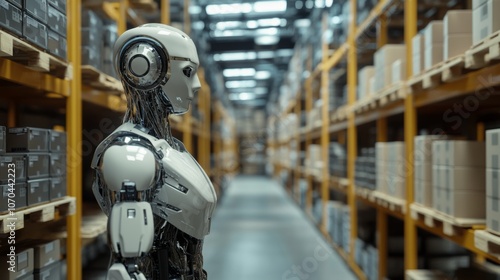 A humanoid robot is positioned in a warehouse, surrounded by shelves brimming with packages. 