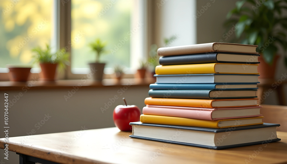 A stack of colorful books alongside a red apple on a wooden desk near a window with plants in the background during daylight A stack of colorful books alongside a red apple on a wooden desk near a window with plants in the background during daylight
