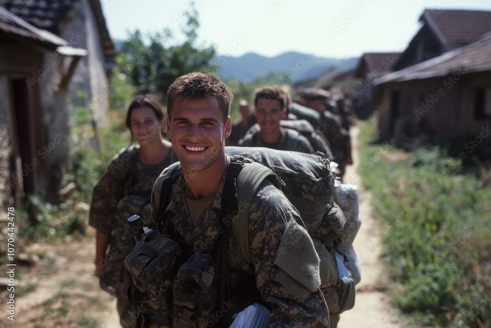 Fototapeta premium A group of soldiers wearing camouflage uniforms hike through a rustic village path, with their backpacks and gear, showing camaraderie and determination in their mission.