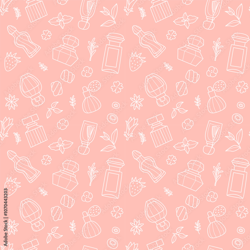 Seamless Pattern of Perfume Bottles and Floral Elements Seamless Pattern of Perfume Bottles and Floral Elements