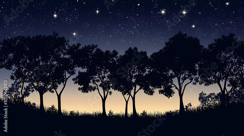 Night sky filled with sparkling stars above dark silhouettes of trees, capturing the peaceful and majestic beauty of nature at night. Majestic. Illustration