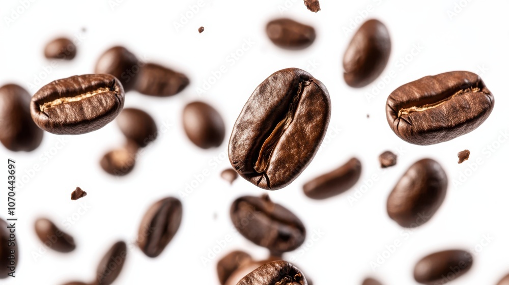 coffee beans floating in air against a white background,. coffee beans floating in air against a white background,.