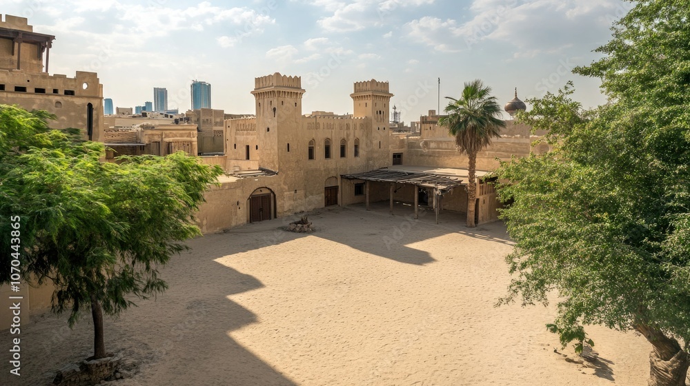 Naklejka premium Dubai historic Al Fahidi Fort with sand surroundings. Copy space